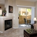 Model living area with fireplace